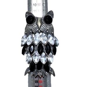 Owl Ring Statement Silver Tone Black Rhinestone Adjustable Size 8
